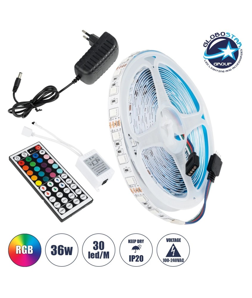 GLOBOSTAR® CHROMAWAVE 70411 Σετ Ταινίας με IR Ασύρματο Χειριστήριο & Τροφοδοτικό LED 36W-5m 2880lm-5m 120° AC 220-240V IP20 150 x SMD5050 Chip-5m Πολύχρωμο RGB Dimmable - Μ500 x Π1 x Υ0.2cm - Ρολό 5 Μέτρων - 2 Χρόνια Εγγύηση